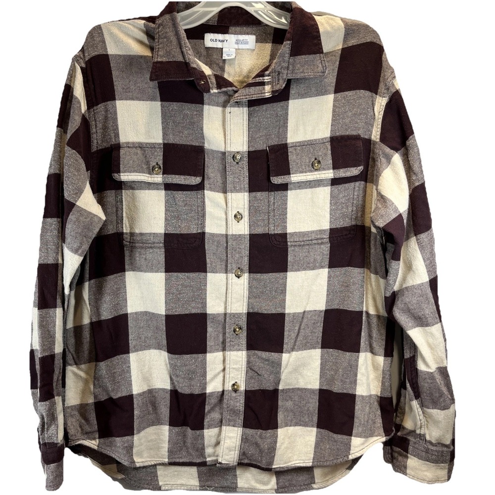 Old Navy Shirt Men's Red‎ Wine Cream Plaid Long Sleeve Flannel Button Up Size L